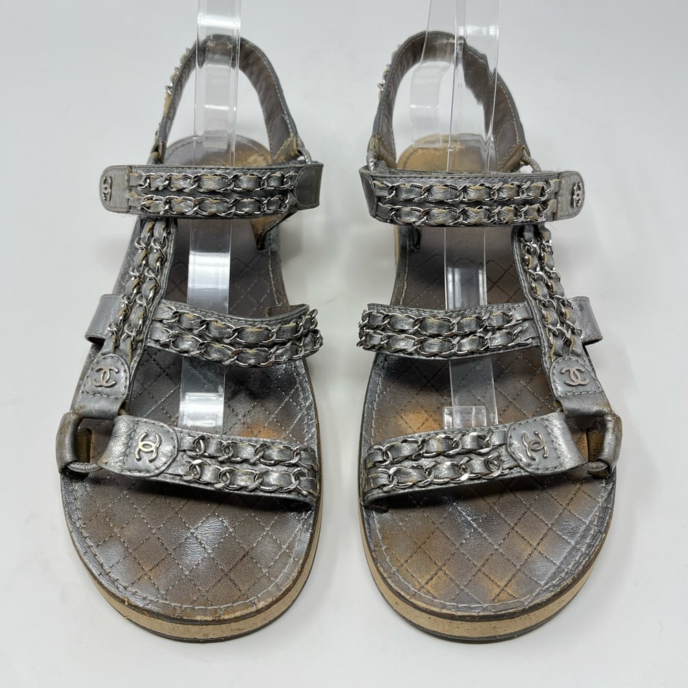 SOLD// Chanel Silver Metallic Chain Dad Sandals CC Logo Leather 40C 40 9 9.5 - Picture 1 of 14